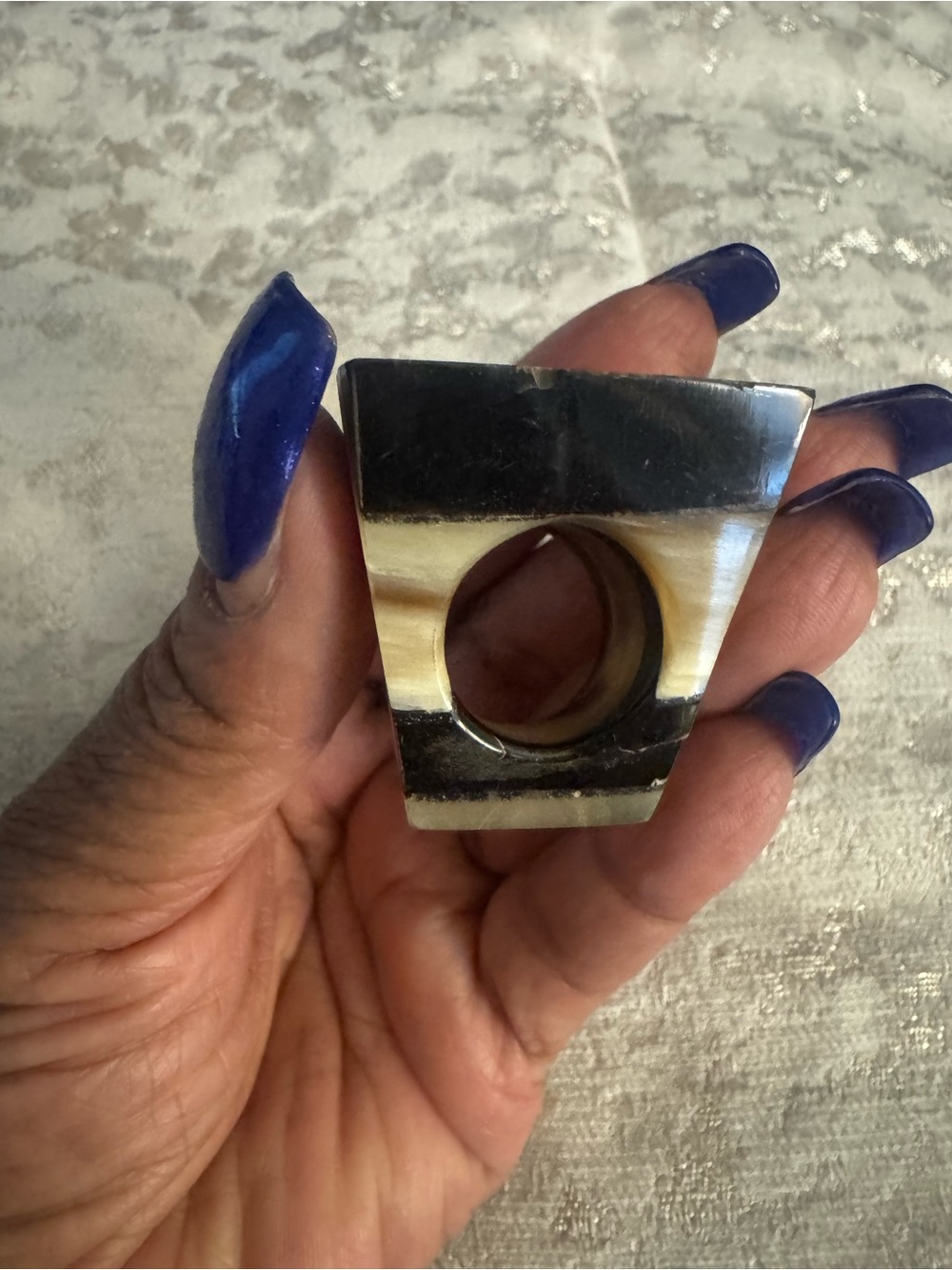 Bold Cow Horn Square Statement Ring in Black & Cream - Picture 3 of 5
